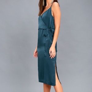 JOA | FALL IN LOVE TEAL BLUE SATIN MIDI WRAP DRESS
